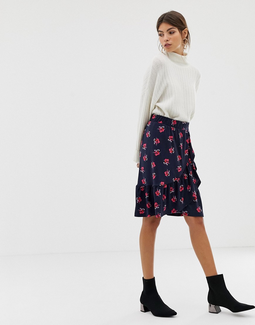 YAS floral wrap skirt with frill hem