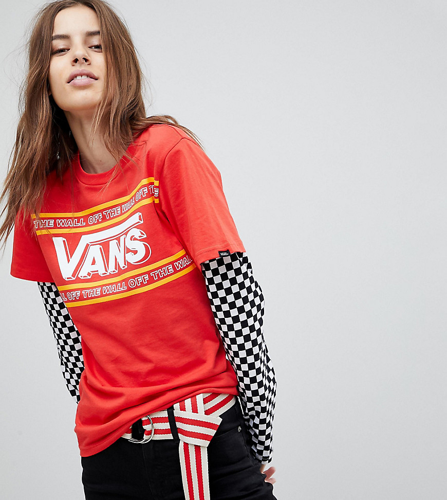 Vans Exclusive Double Layer T-Shirt With Checker Board Sleeves - Red