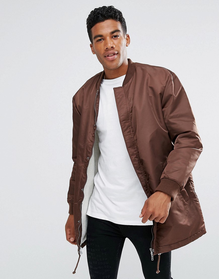 ADPT Longline Bomber Jacket with Drawstring Hem and Two Way Zip - French roast