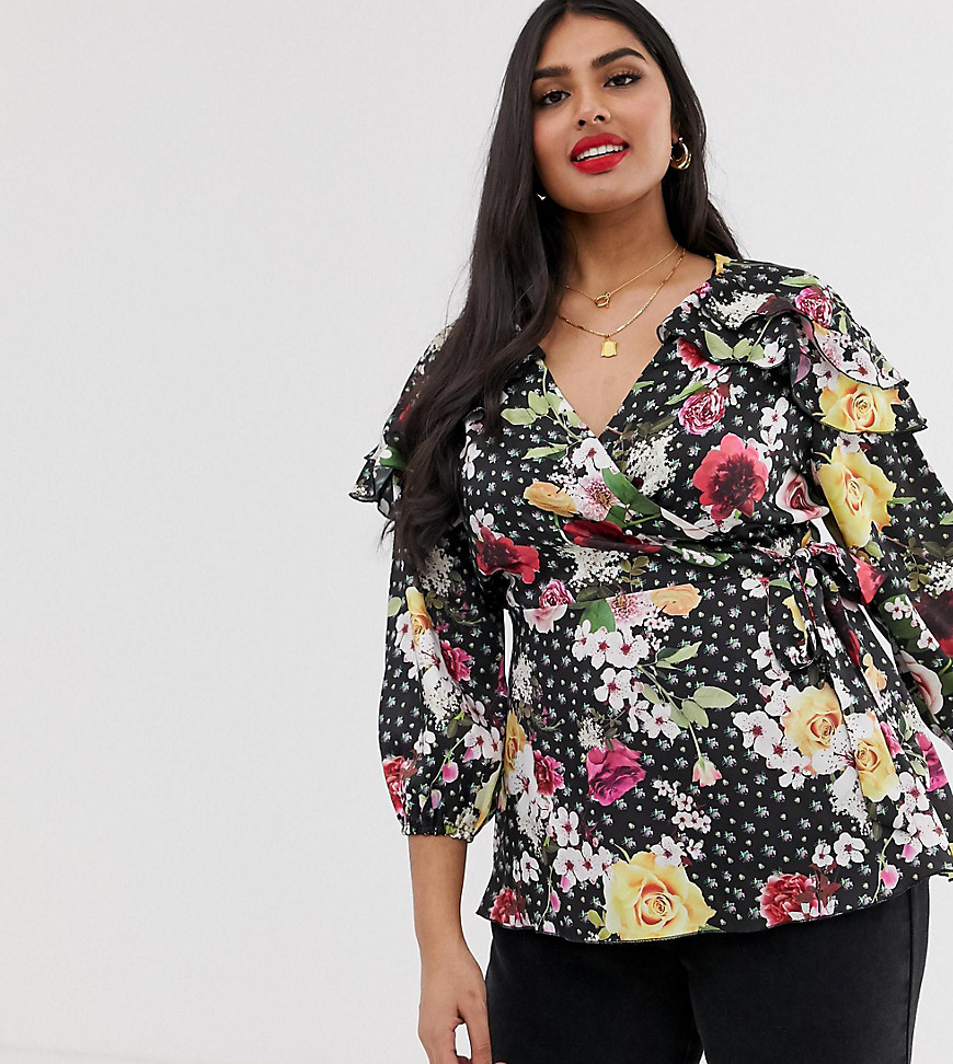 Koko floral wrap top with frilled shoulders