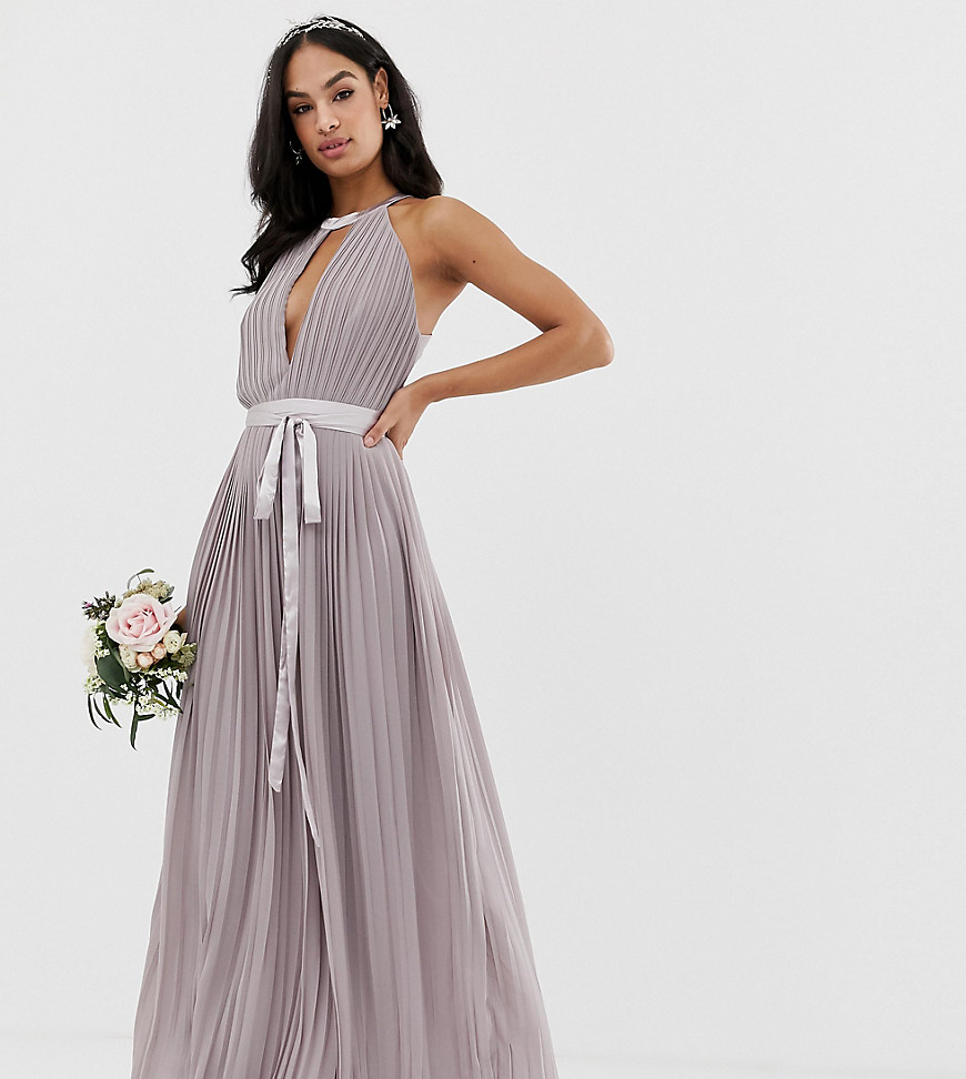 TFNC pleated maxi bridesmaid dress with cross back and bow detail in grey