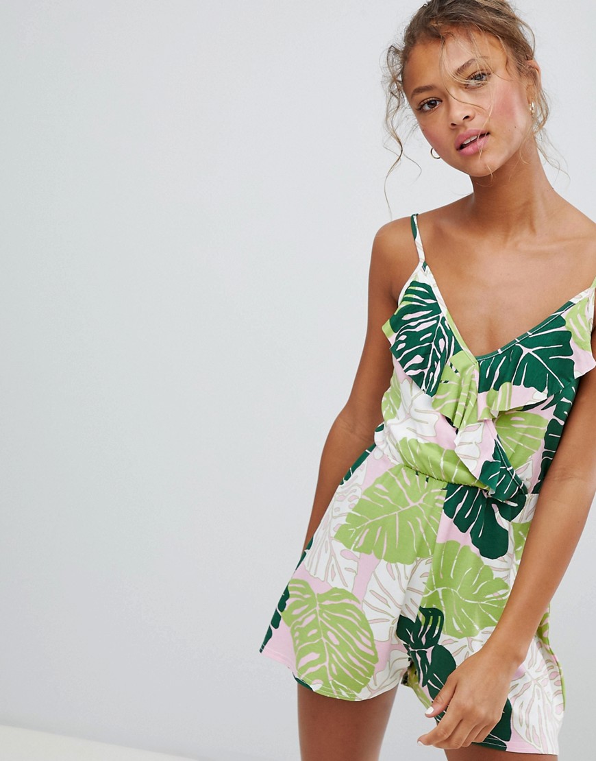 Daisy Street Playsuit with Frill Wrap Front in Palm Print