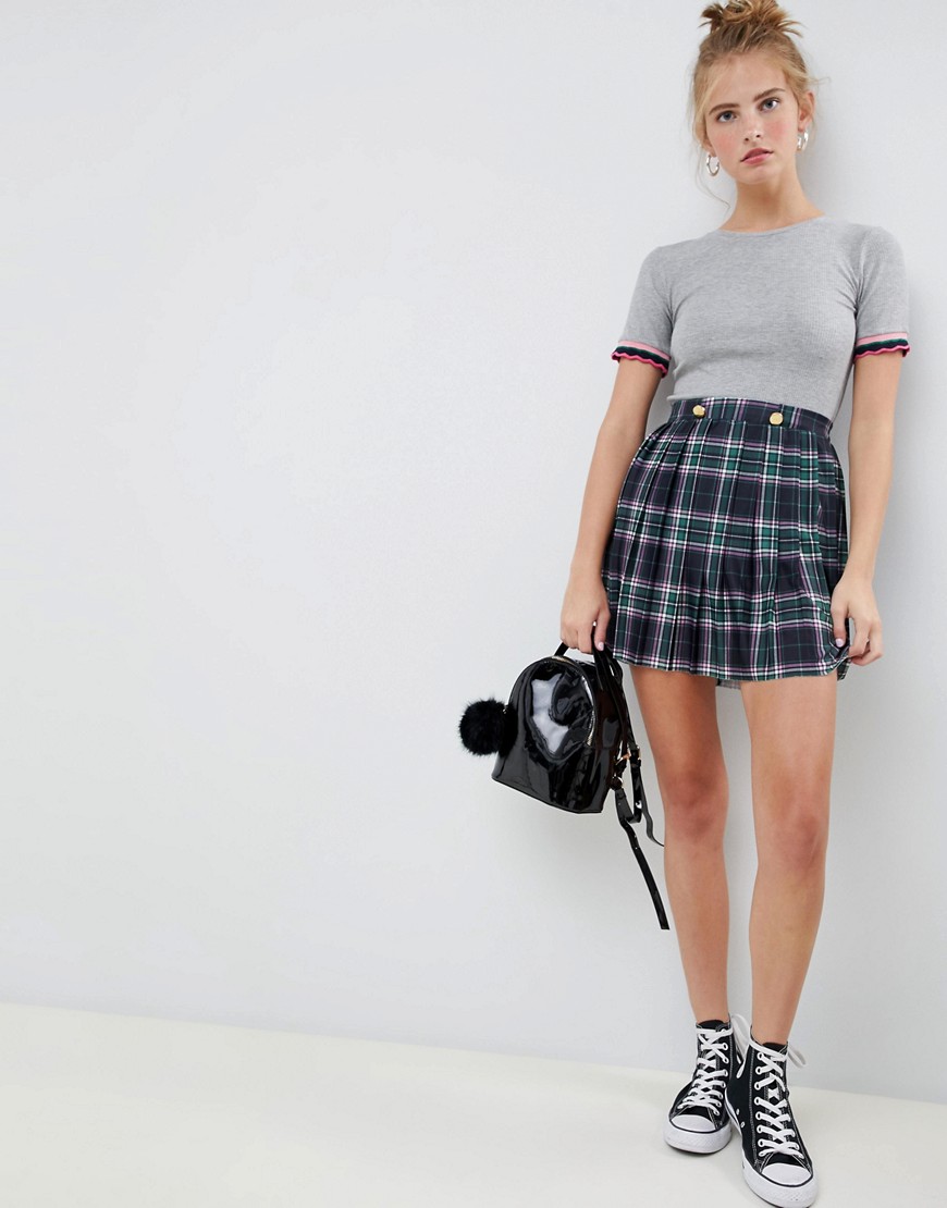 ASOS DESIGN pleated check mini skirt with gold button trims