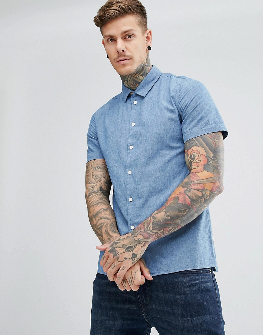 PS Paul Smith Tailored Fit Short Sleeve Chambray Shirt in Navy - Blue