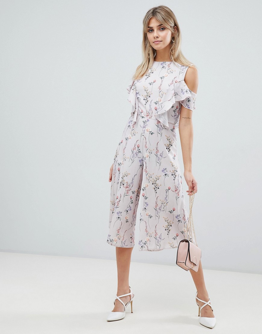 Love ditsy floral print skater jumpsuit with ruffle detail