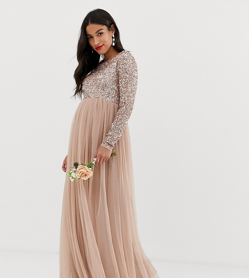 Maya Maternity Bridesmaid long sleeved maxi dress with delicate sequin and tulle skirt in taupe blush
