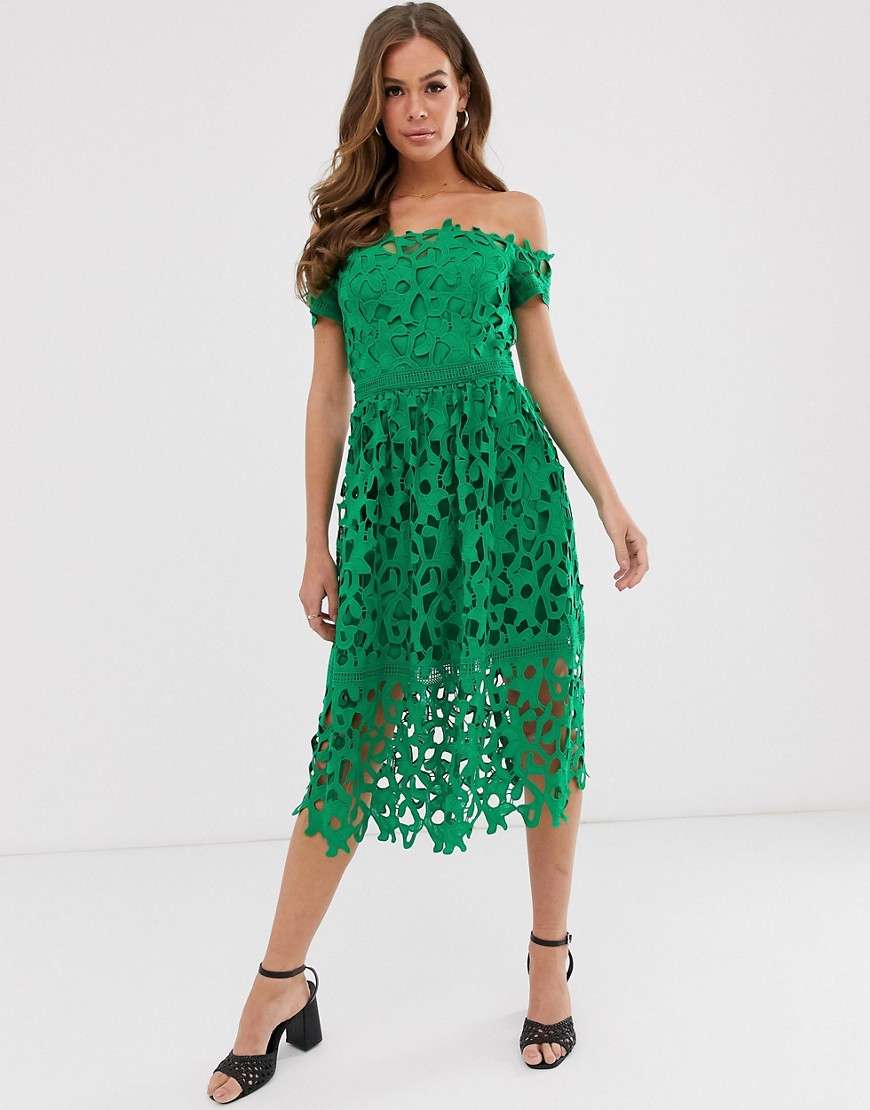 Chi Chi London bardot lace midi dress in green
