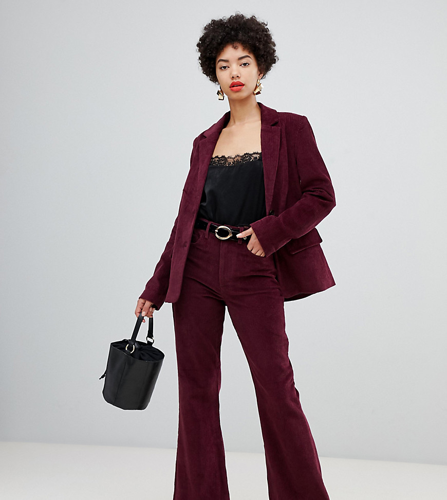 Warehouse flare cord trousers in berry