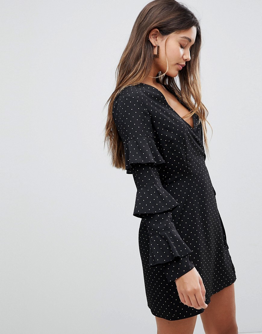 Fashion Union Wrap Dress In Spot Print With Ruffle Sleeves