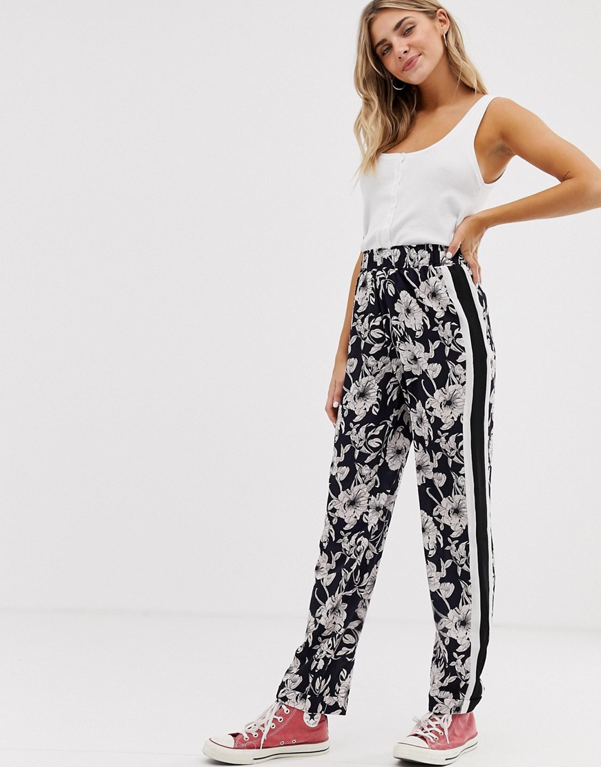 Brave Soul monochrome floral trousers with side stripe