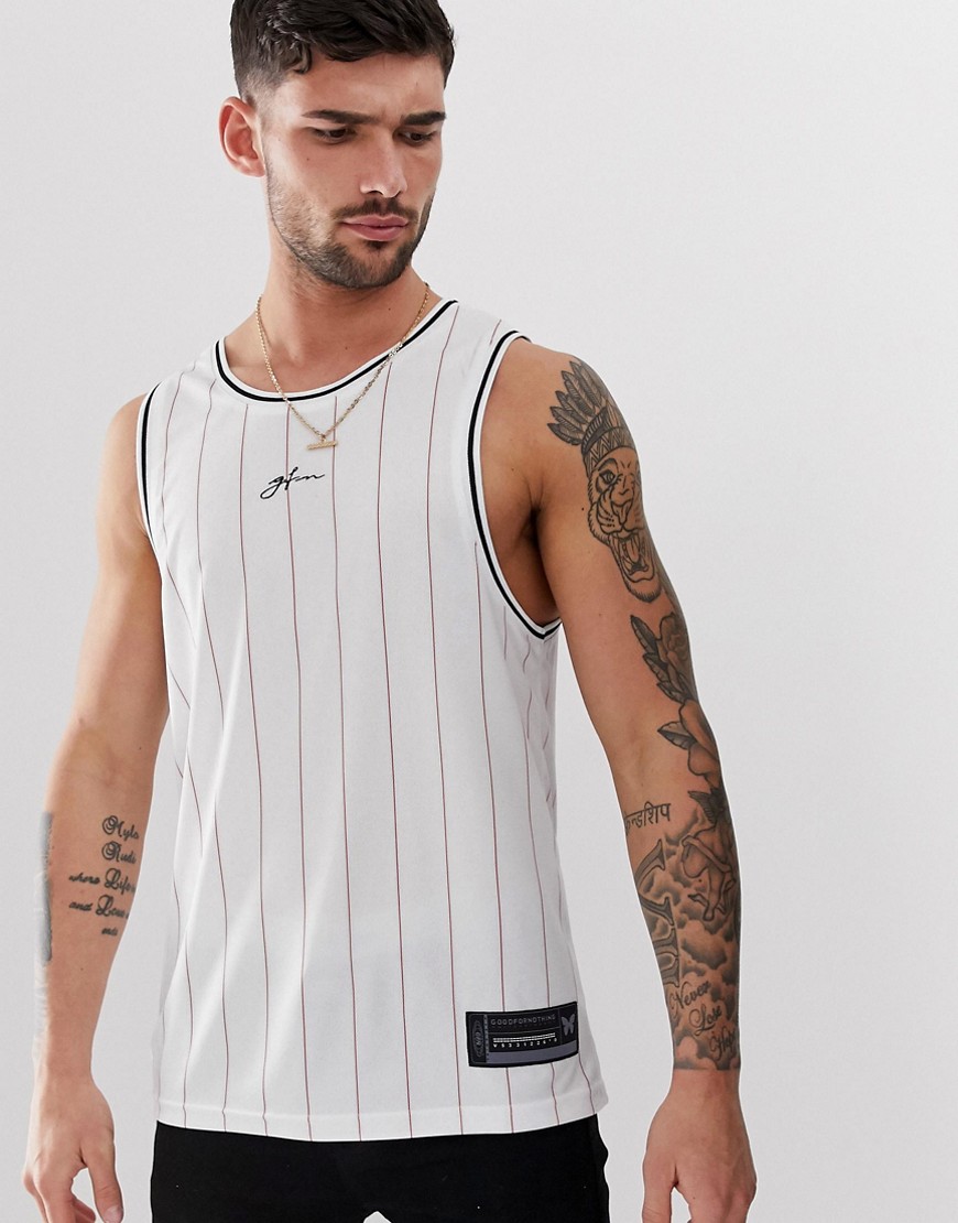 Good For Nothing vest in white pinstripe with script logo