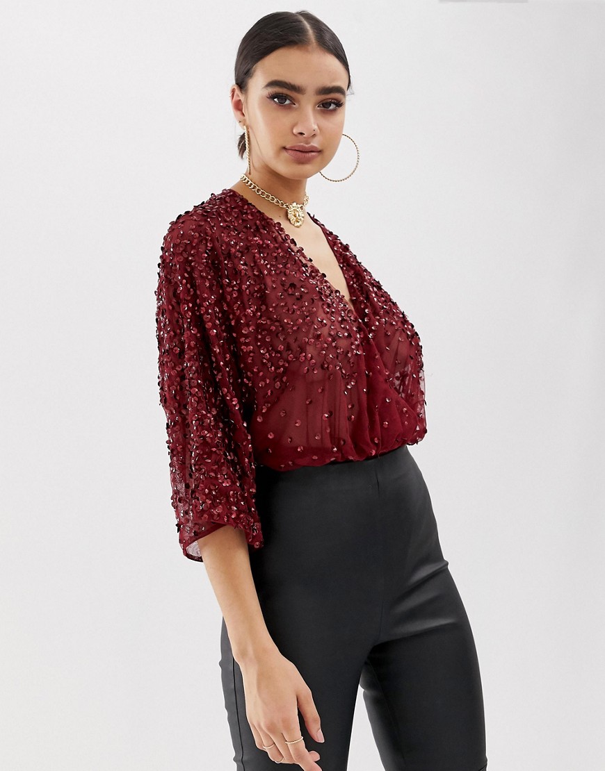 ASOS DESIGN body in sequin embellishment with plunge wrap and kimono sleeve