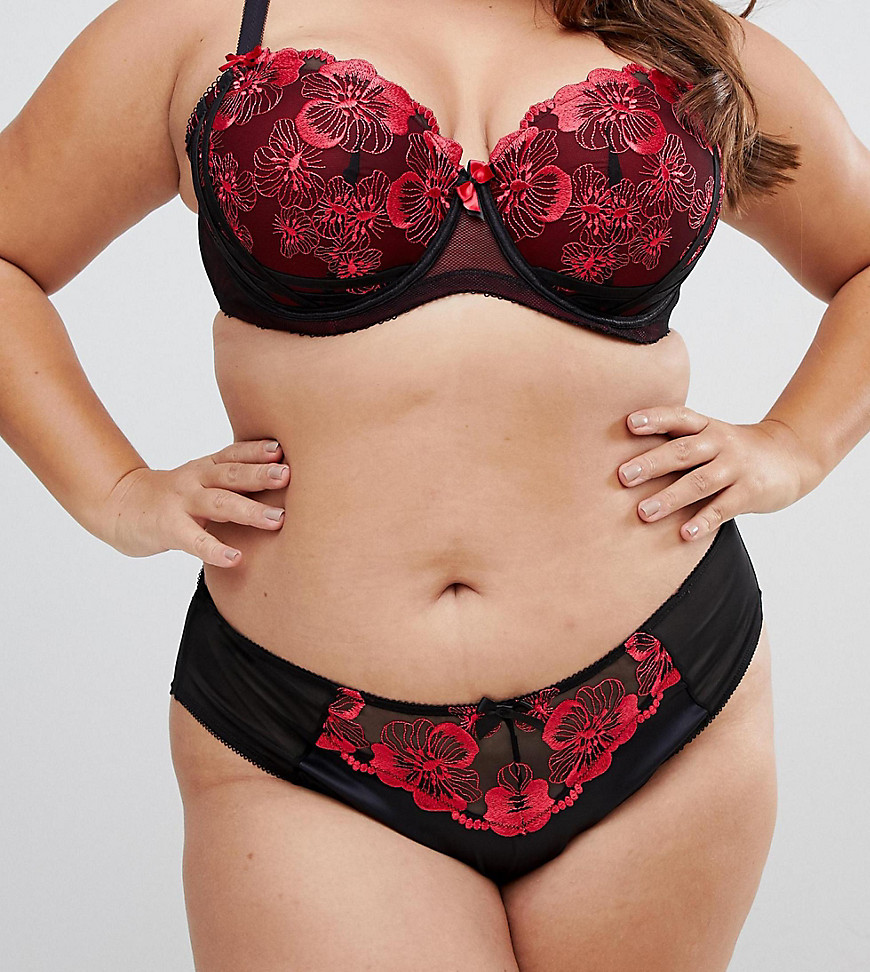 Yours Poppy floral embroidered brief in black and red