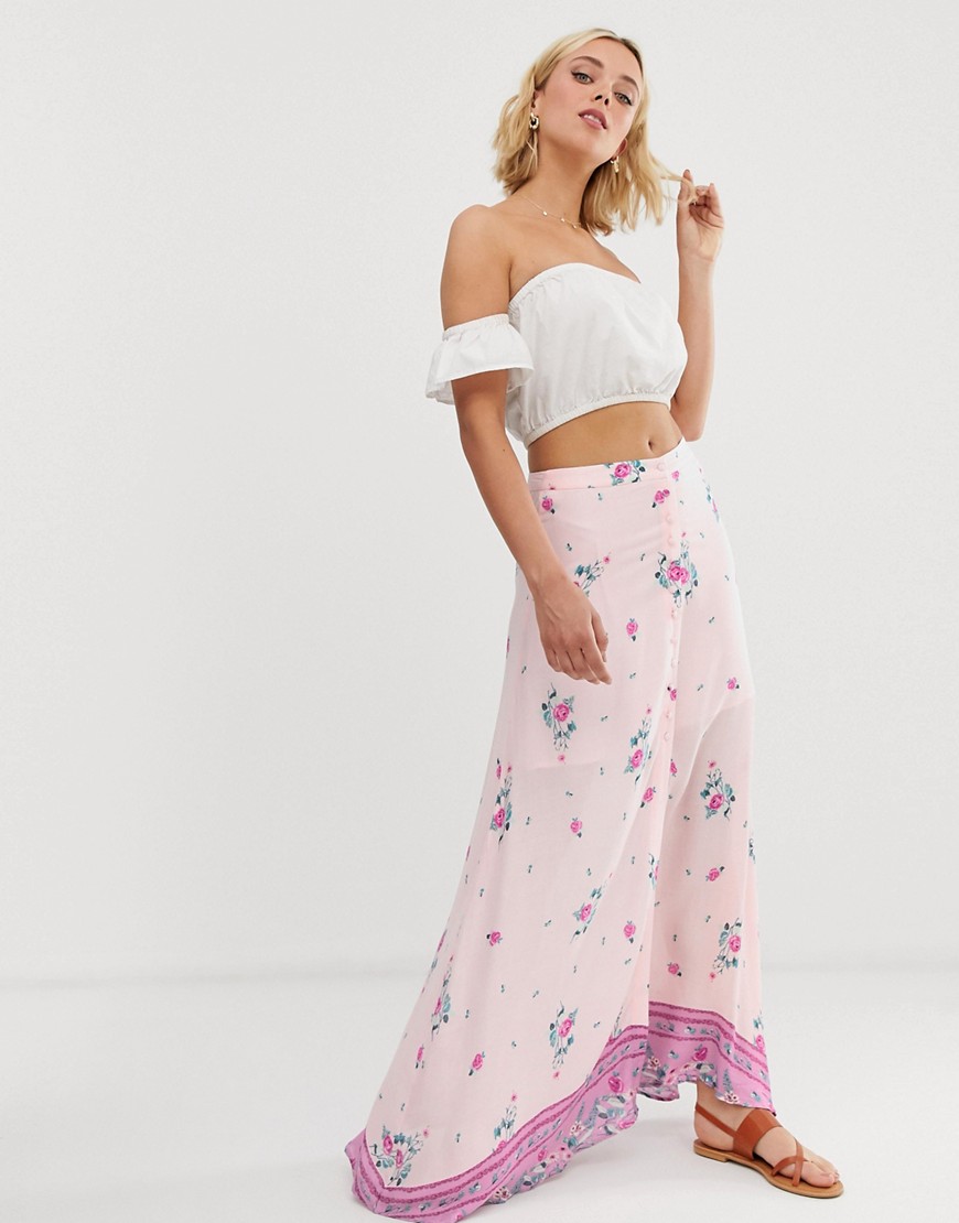 En Crème floral and border print maxi skirt with button detail