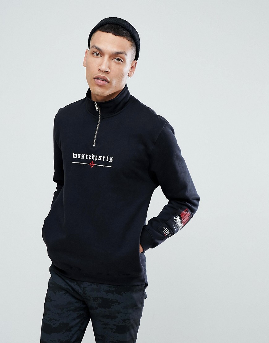 Wasted Paris 1/4 Zip Sweat With Chest Logo In Black - Black