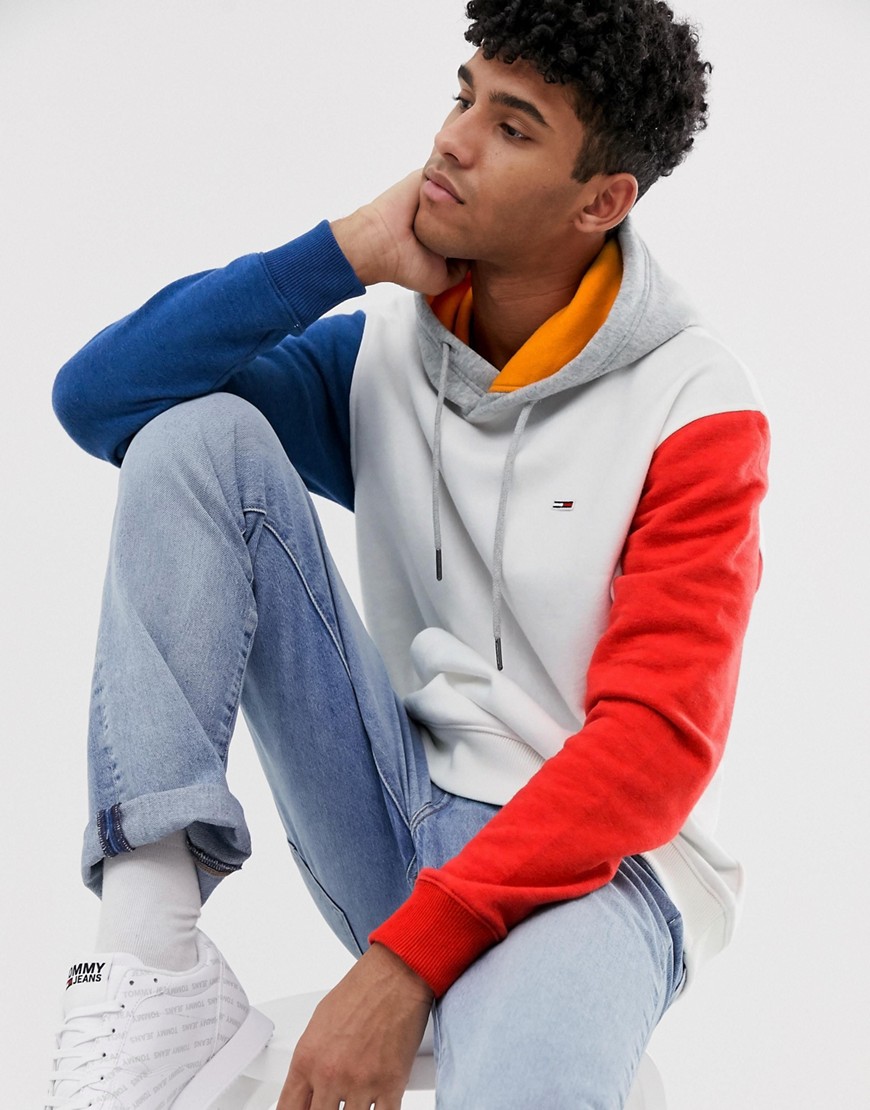 Tommy Jeans colour block hoodie with pique flag logo in white/red/blue
