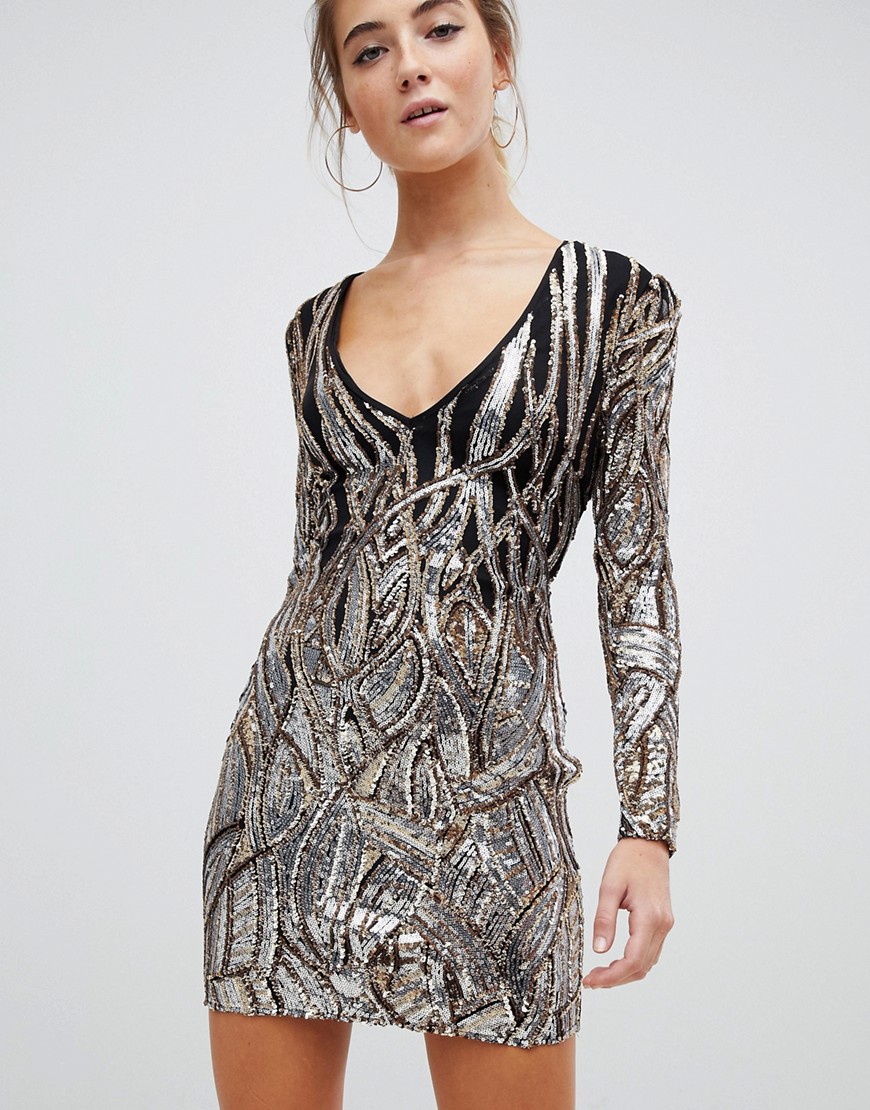 Parisian Sequin Dress With Long Sleeves And V Front - Black/silver/gold