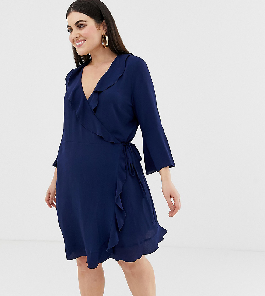 Outrageous Fortune Plus ruffle wrap dress with fluted sleeve in navy