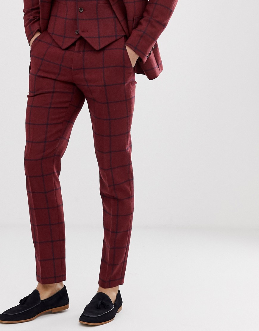 ASOS DESIGN wedding skinny suit trousers in burgundy wool mix check