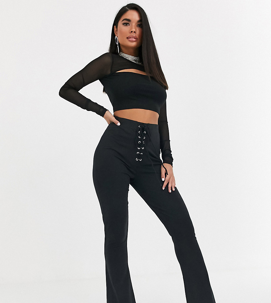 Missguided Petite lace up waist detail flared trousers in black