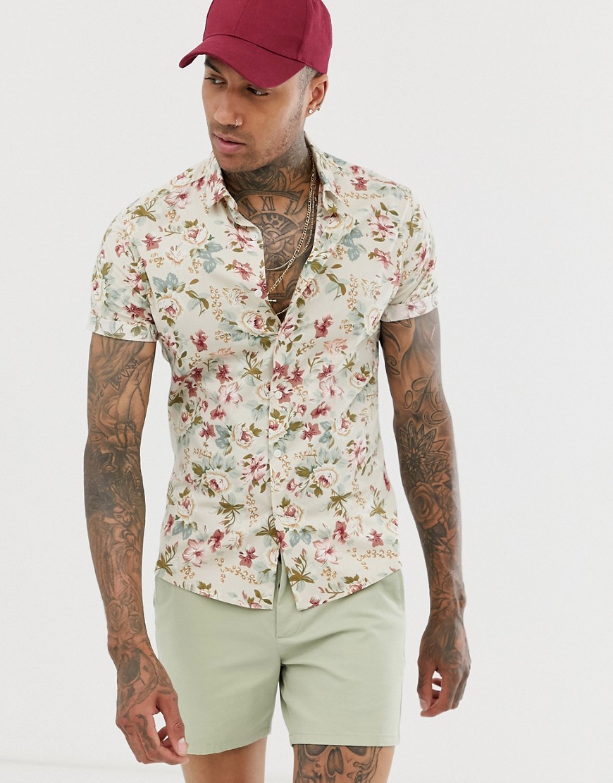 ASOS DESIGN skinny fit floral shirt in ecru
