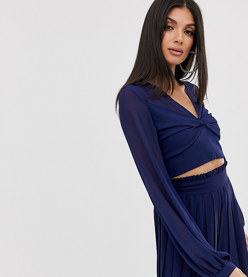 TFNC Tall knot front long sleeve wrap co-ord crop top in navy