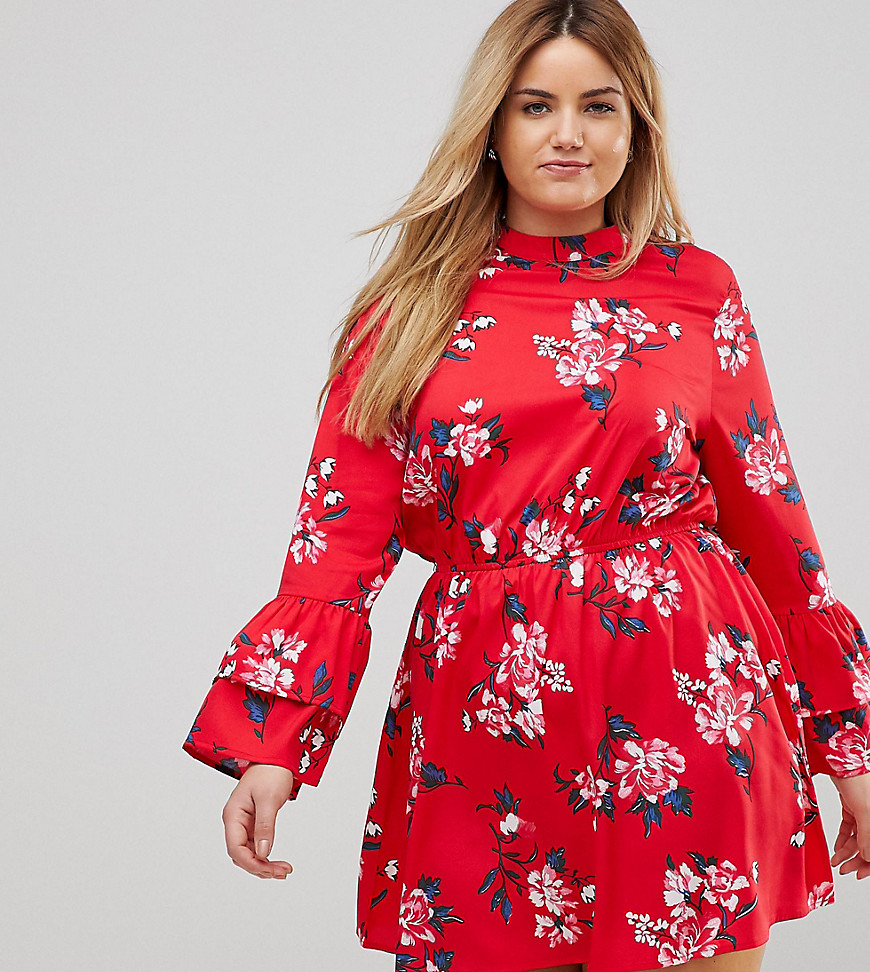 Influence Plus High Neck Floral Dress With Tiered Sleeve - Multi