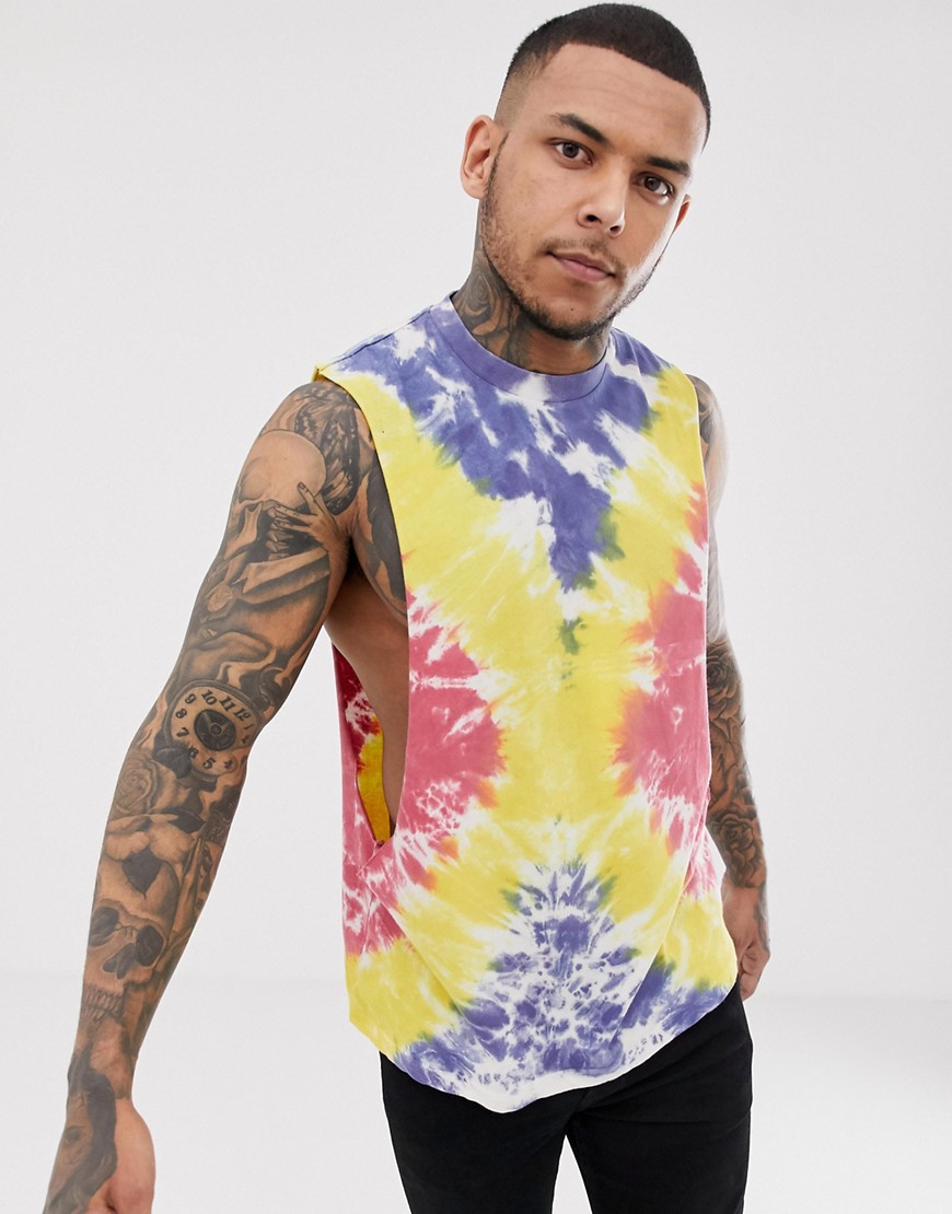 ASOS DESIGN relaxed sleeveless t-shirt with extreme dropped armhole in bright tie dye wash
