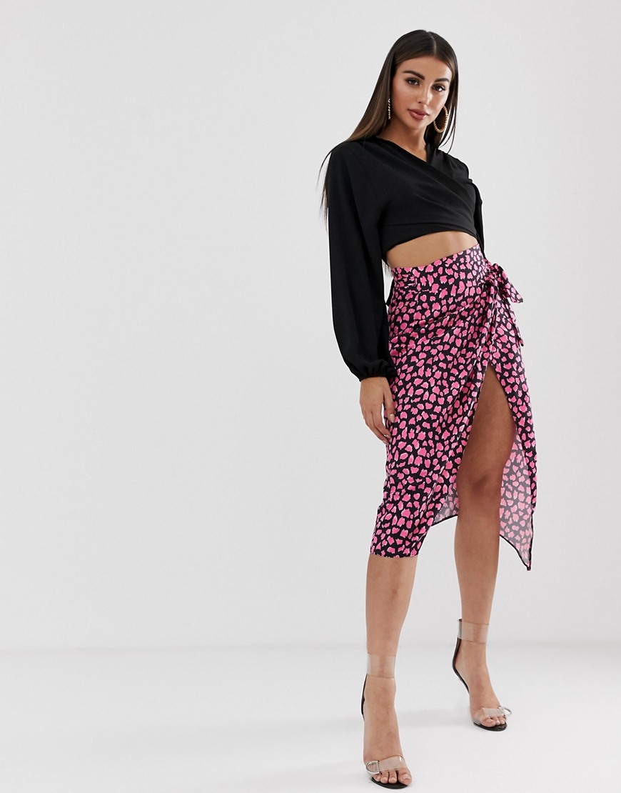 John Zack frill midaxi skirt with thigh split in pink splodge print