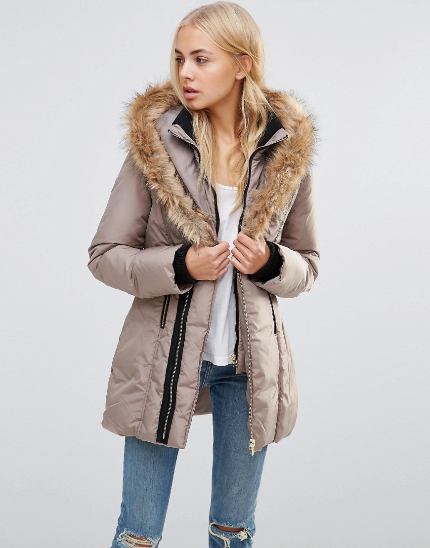 QED London High Neck Quilted Coat With Faux Fur Trim - Taupe