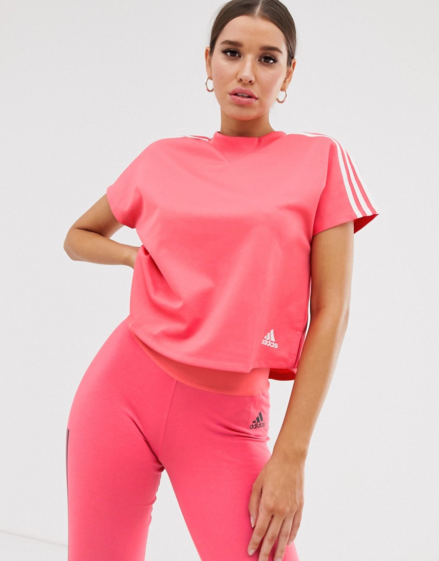 adidas Training Boxy Three Stripe T-shirt In Pink