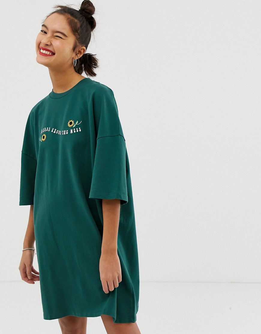 Lazy Oaf oversized t-shirt dress with forgive the mess embroidery