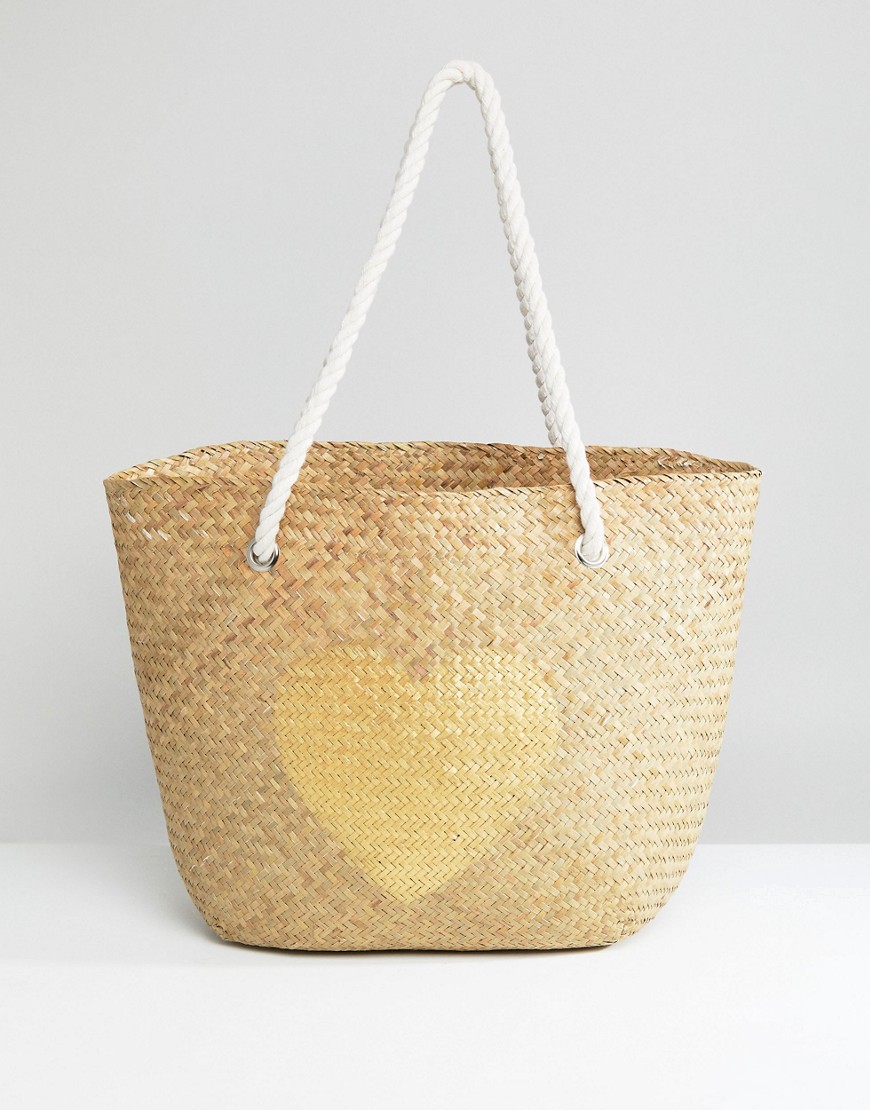 South Beach Natural Straw Beach Bag with Gold Heart - Natural