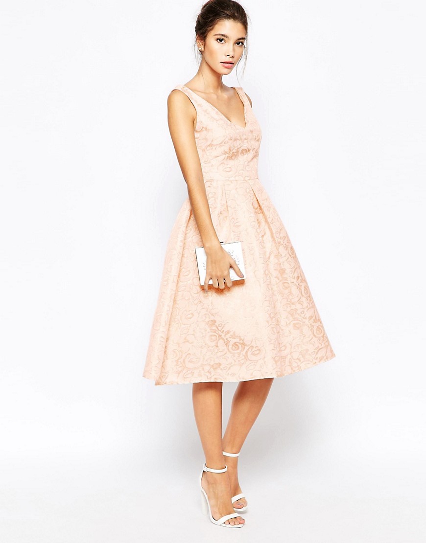 True Decadence | True Decadence Rose Gold Jacquard Midi Prom Dress at ASOS