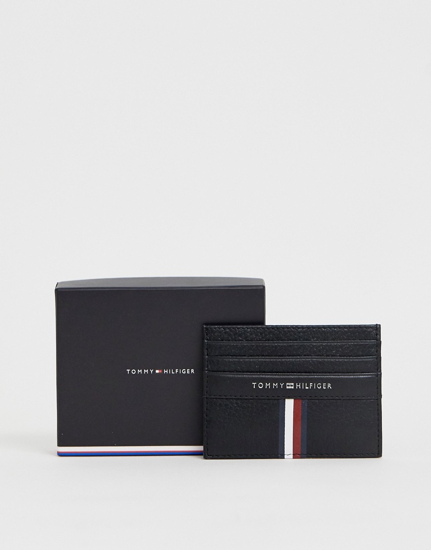 Tommy Hilfiger coporate strip leather card holder in black