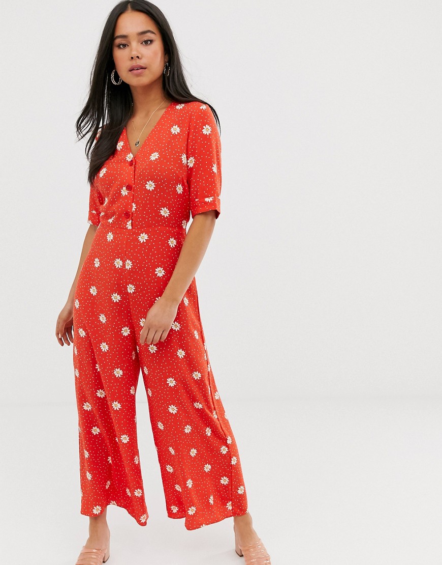 Nobody's Child button front jumpsuit in orange daisy and spot print