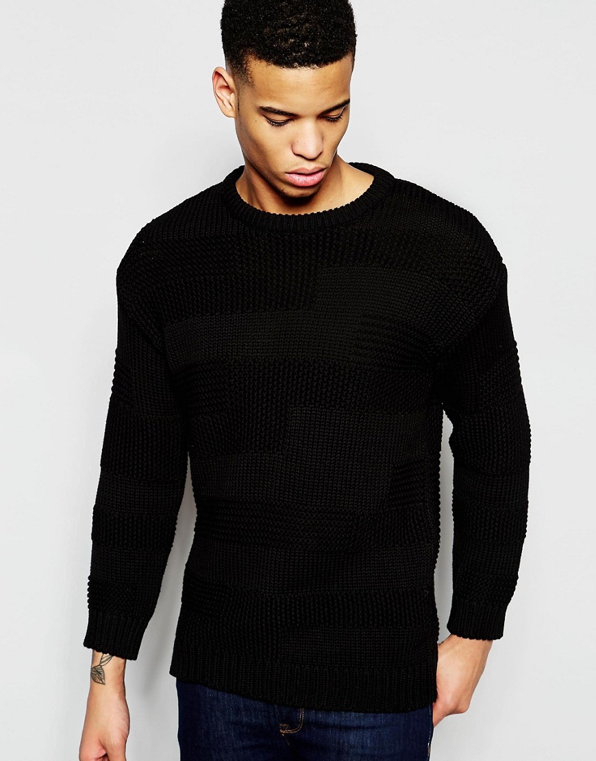 Jumper With Patchwork Knit In Black