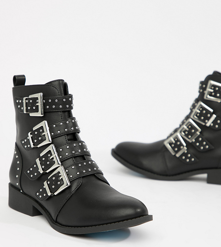 QUPID Studded Flat Ankle Boots - Black