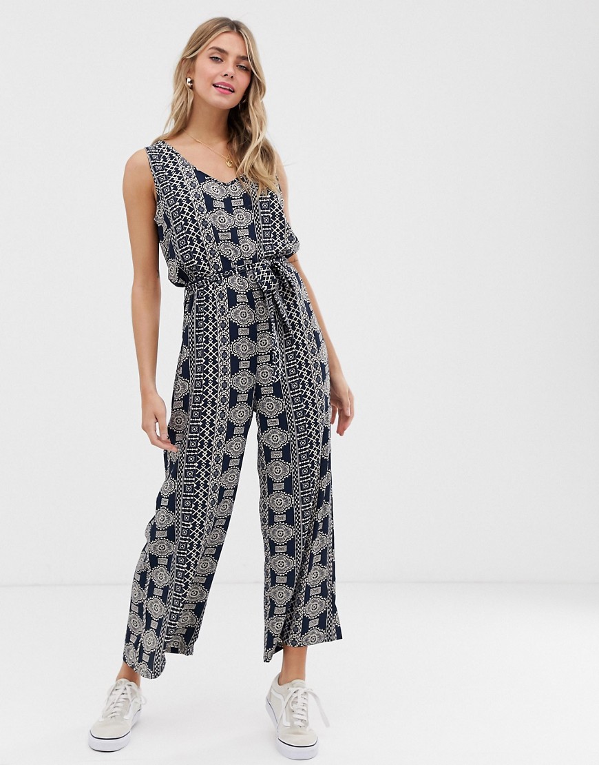 JDY cropped tie front jumpsuit in tile print