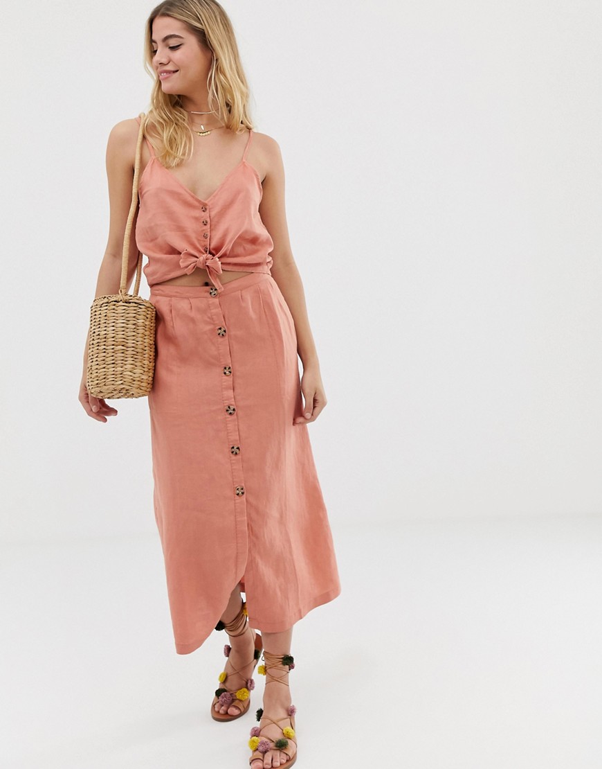 Rhythm Amalfi linen button front skirt in desert pink