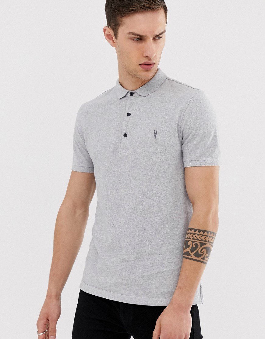 AllSaints Reform short sleeve polo with ramskull in grey marl