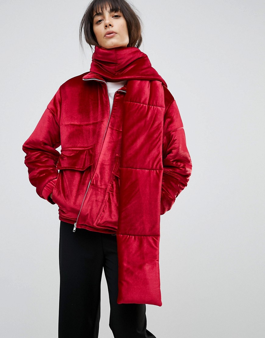 House Of Sunny Padded Jacket In Velvet With Detachable Scarf - Red