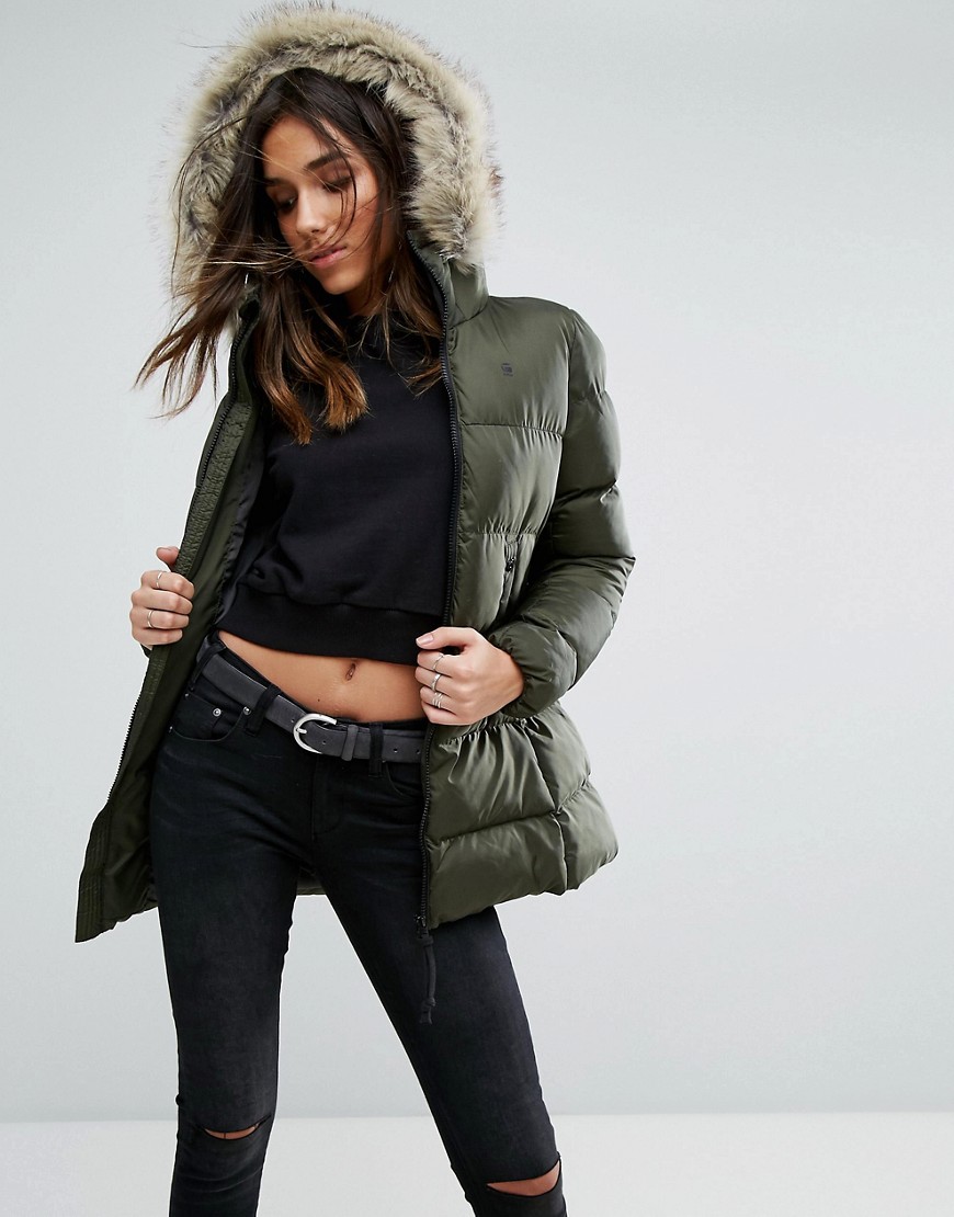 G-Star Whistler Padded Jacket with Faux Fur Hood - Green