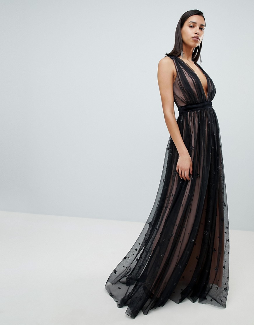 City Goddess Contrast Glitter Star Print Maxi Dress With V Back - Black