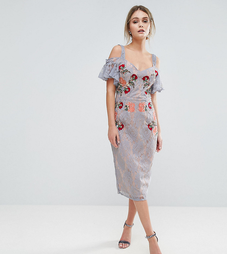 Hope & Ivy Embroidered Lace Midi Dress With Contrast Straps And Tie Cold Shoulder