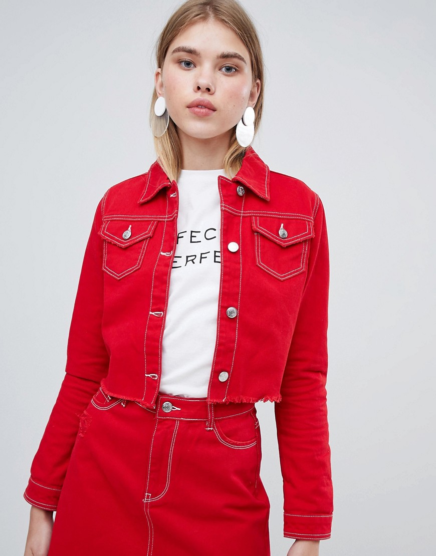Urban Bliss Cropped Denim Jacket with Raw Hem - Red