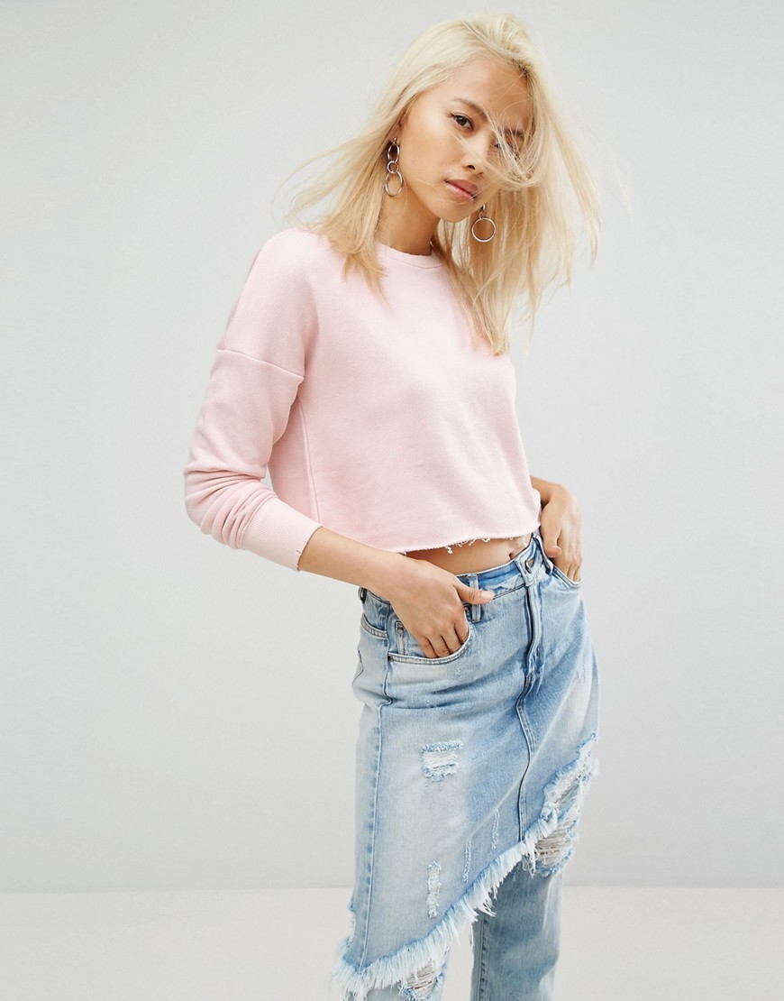 Arrive Cropped Raw Edge Sweat with Rip Detailing - Pink