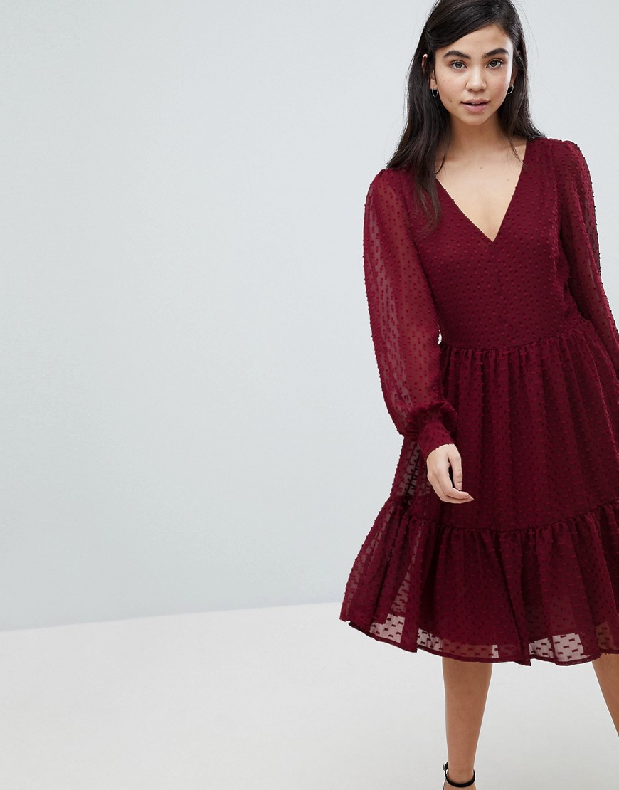 Soaked In Luxury Textured Dot Tiered Dress - Cabernet