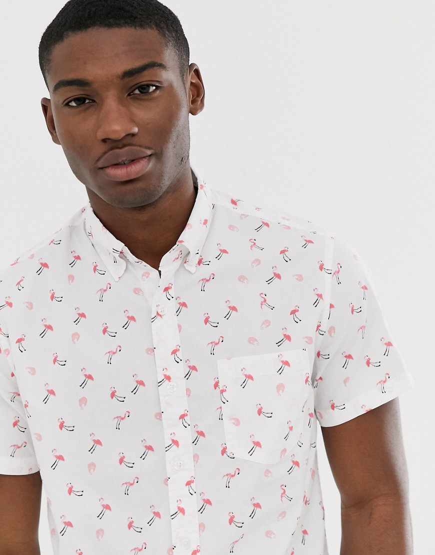 J Crew Mercantile short sleeve flex washed flamingo print shirt in white
