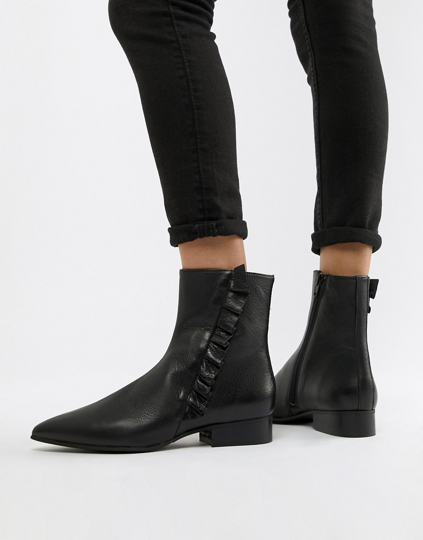 Selected Femme Leather Frill Detail Ankle Boots